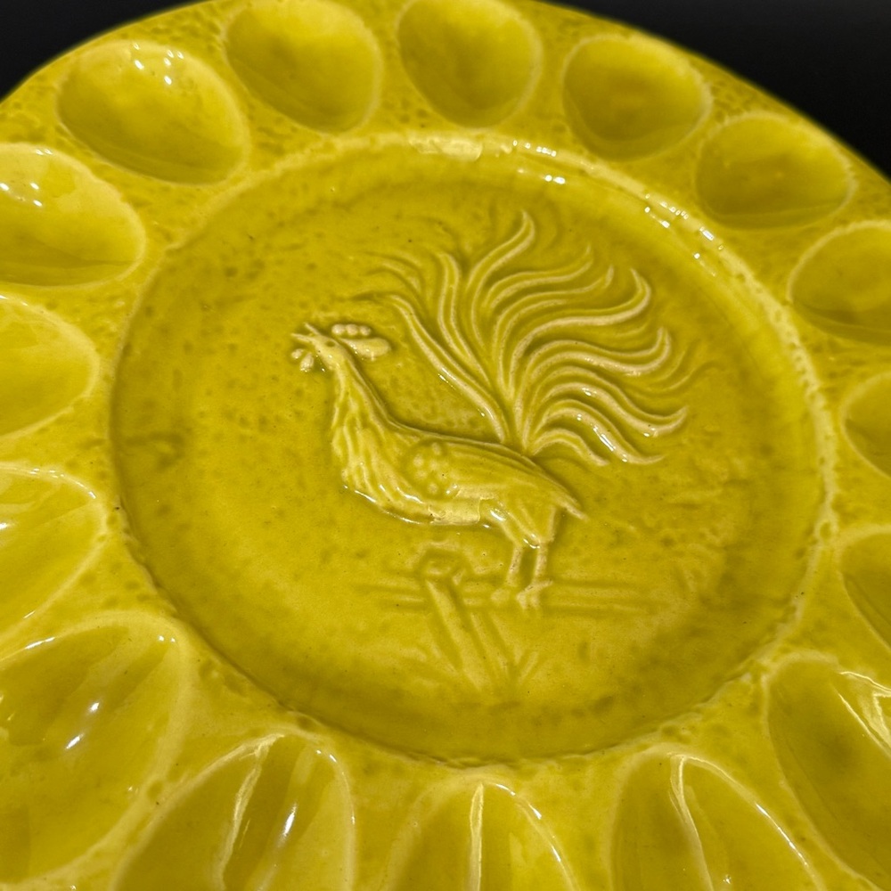 Vintage California Pottery Yellow Glazed Rooster Deviled Egg Plate 12” Platter - Picture 7 of 16
